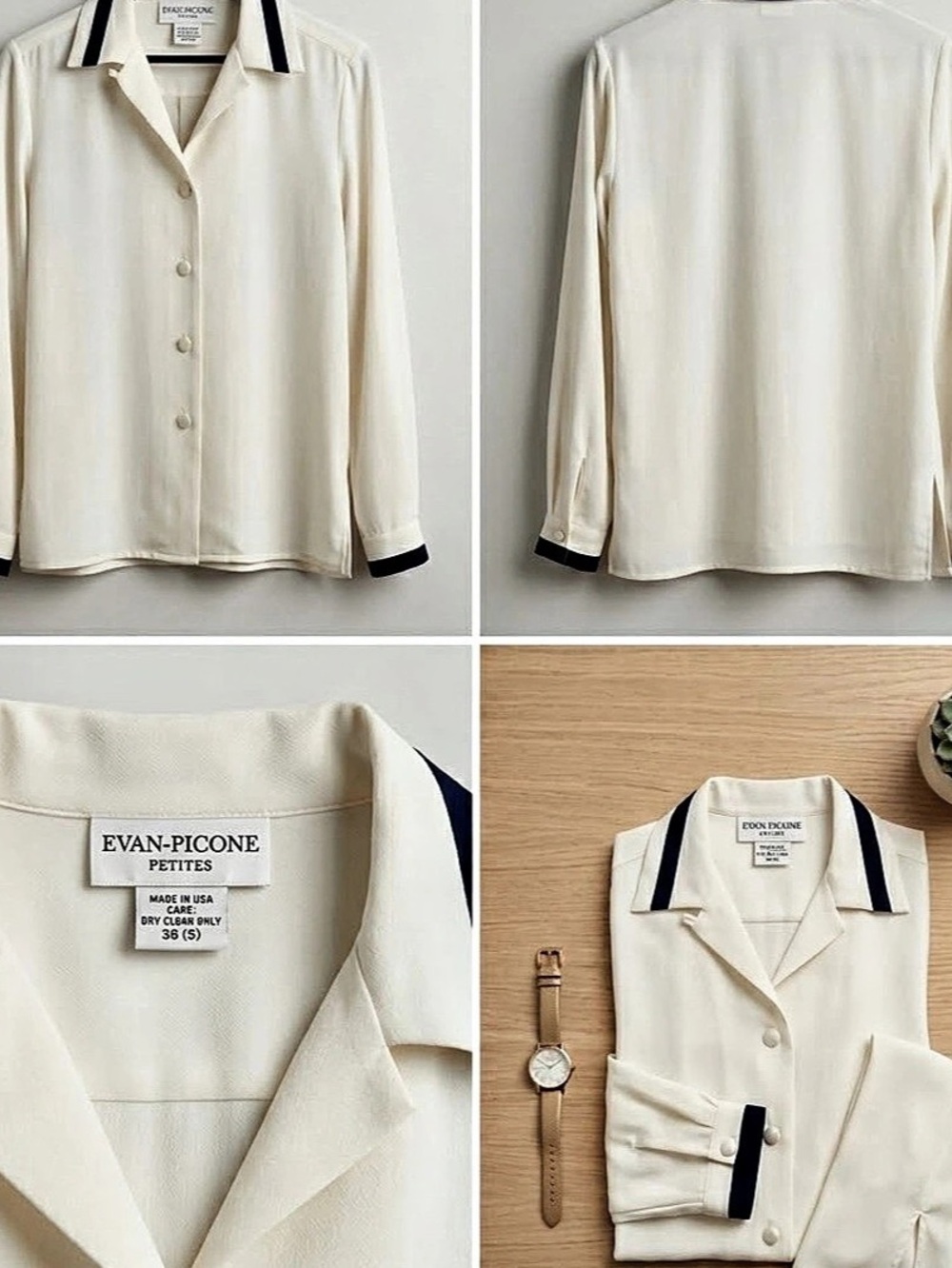 Vintage Evan-Picone Petites Color Block Blouse in Cream Size Small